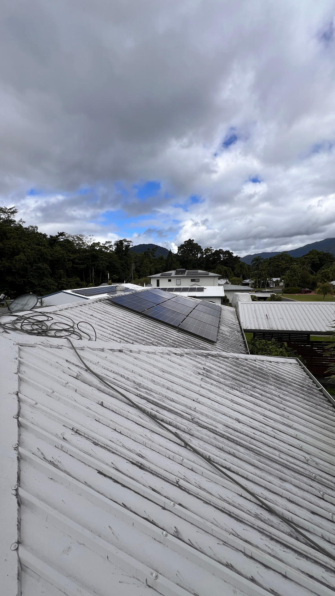 Weathered metal roof before soft washing