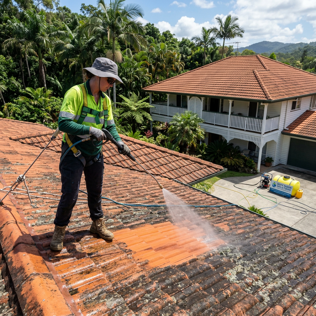 Port Douglas terracotta tiled roof being cleaned
