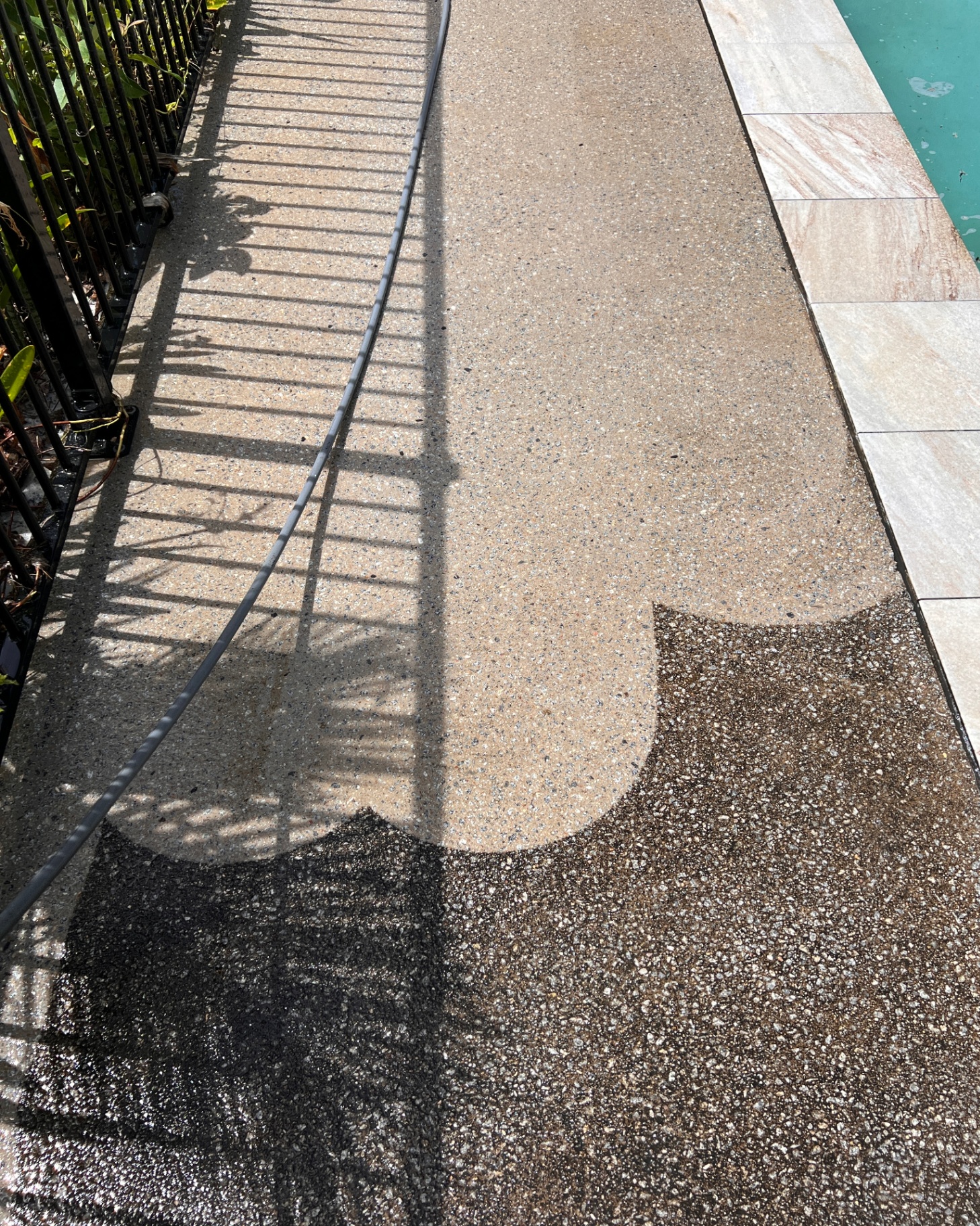 Pool edge exposed aggregate before pressure washing